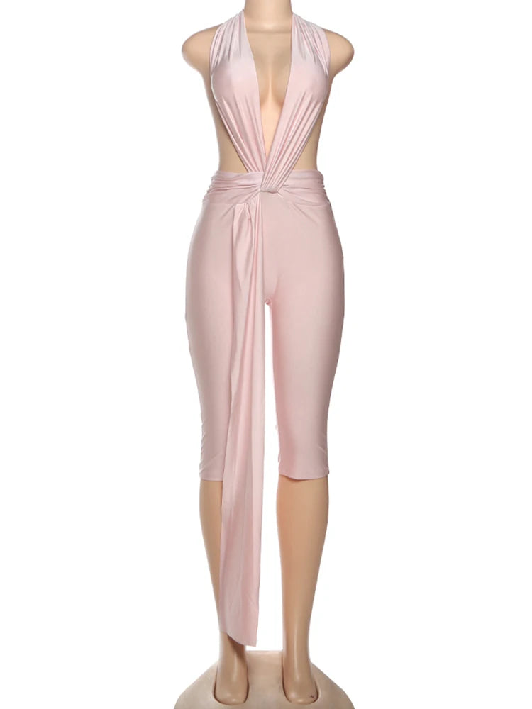 Midnight Patchwork Halter Romper Backless Slim Fit