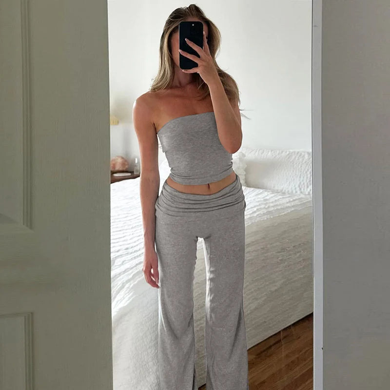 Strapless Crop Top And High Waist Ruched Flare Pants Set