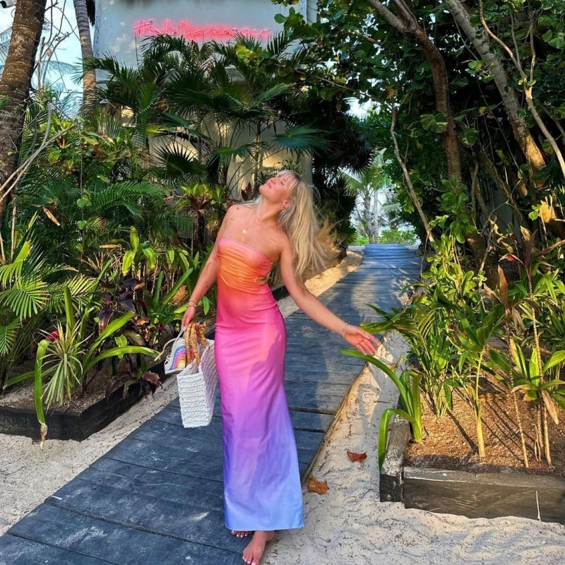 Gradient Print Backless Strapless Maxi Dress For Women Chest Wrap