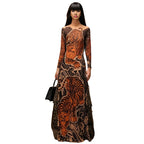 Tiger Print Sheer Long Sleeve Top With High Neck And Slits Street Style