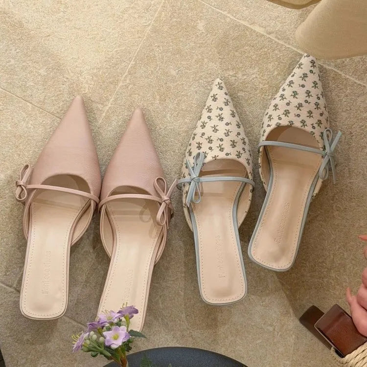 Elegant Bow Pointed Toe Mules With Thin Slip-on Heels