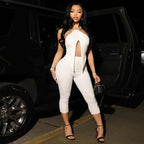 Urban Halter Crop Top And High Waist Capri Set With Metal Ring Detail Two-piece