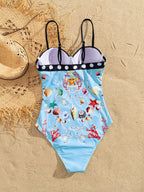 Playful Print Underwire One Piece Swimsuit With Skirt For Beach Summer Fun