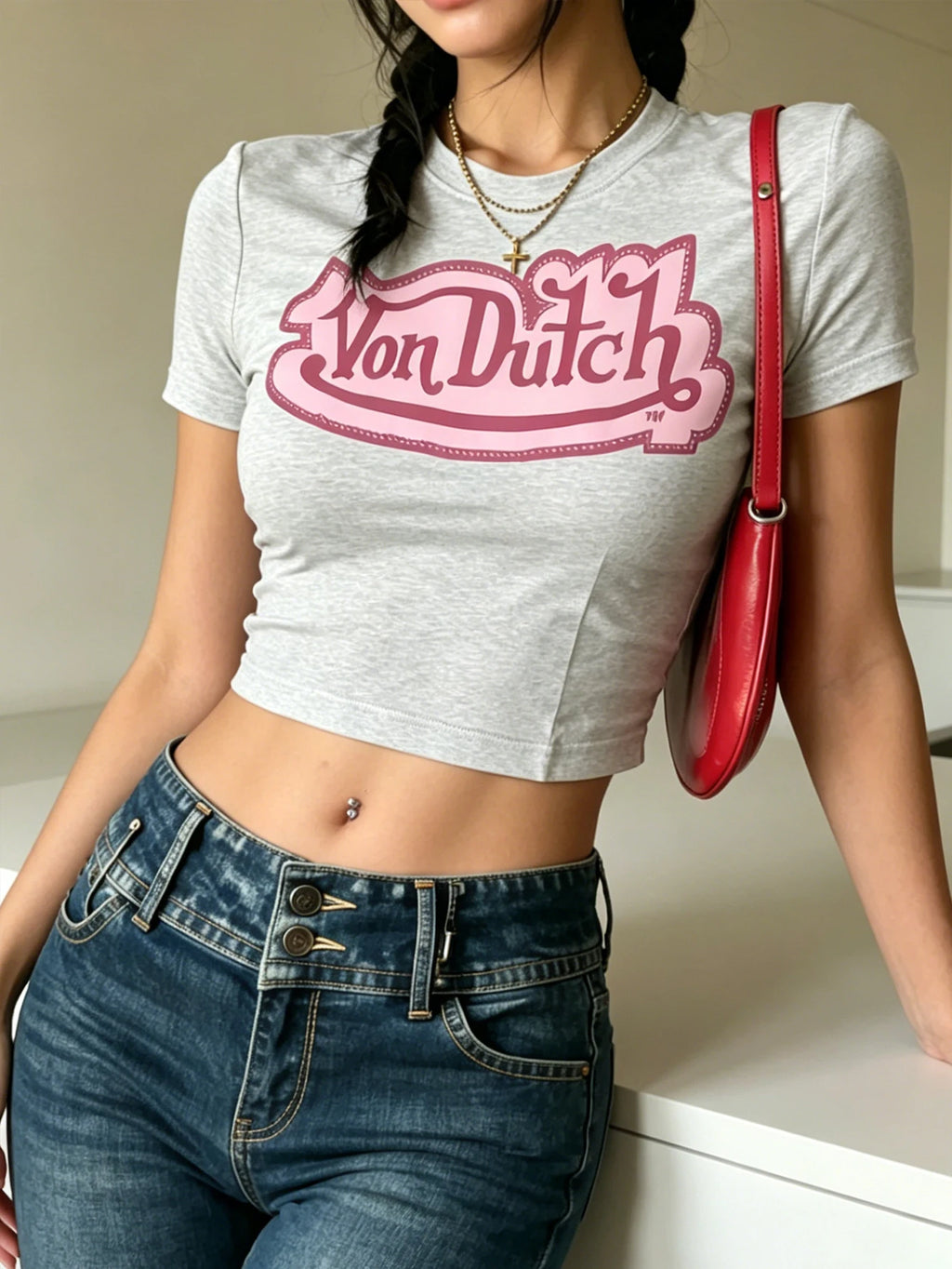 Retro Letter Pattern Round Neck Tee With Striped Short Sleeves