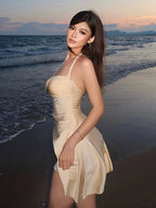 Metallic Satin Halter Mini Dress With Backless Ruched Silhouette