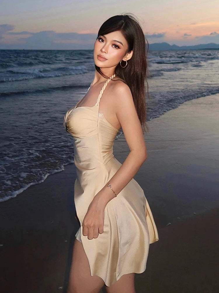 Metallic Satin Halter Mini Dress With Backless Ruched Silhouette
