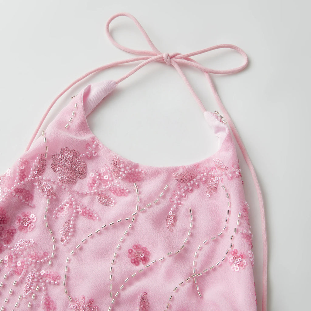 Halter Dress With Sequin Beading And Floral Embroidery Backless Slim Mini