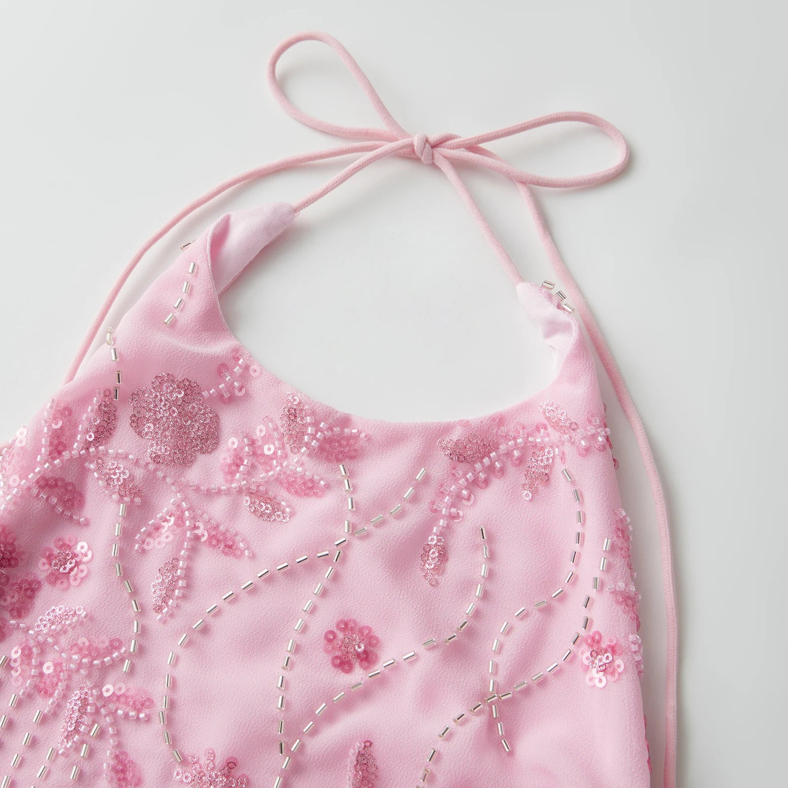 Halter Dress With Sequin Beading And Floral Embroidery Backless Slim Mini