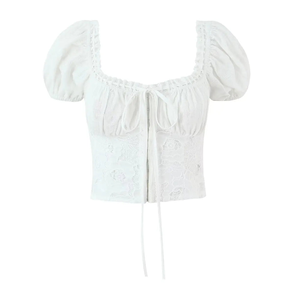 Romantic Lace Patchwork Off Shoulder Puff Sleeve Crop Top
