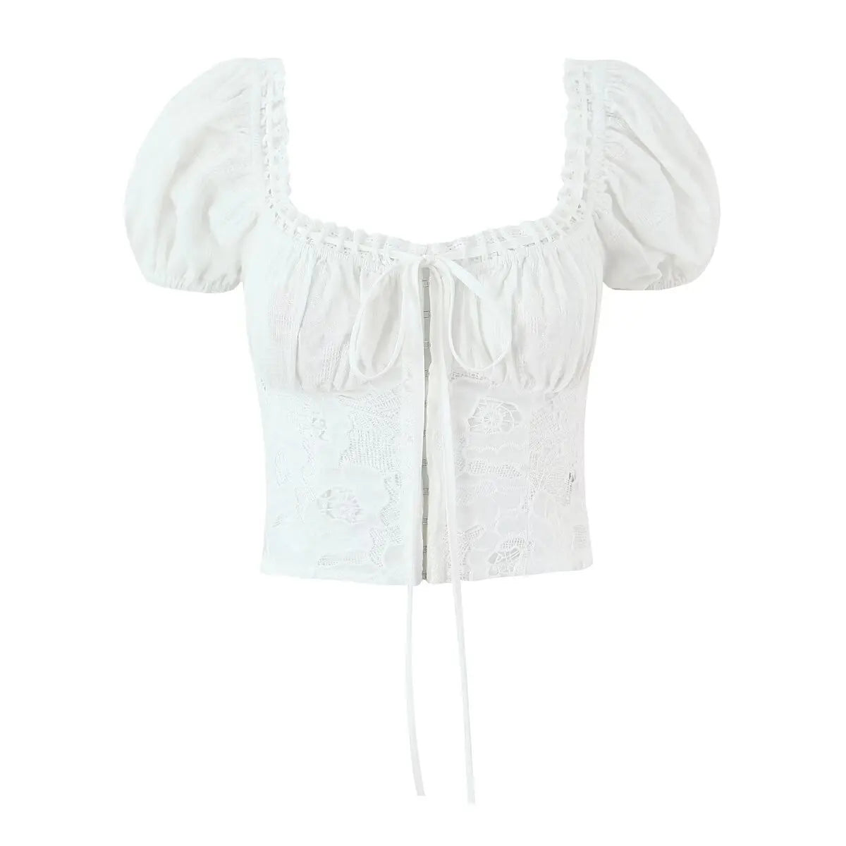 Romantic Lace Patchwork Off Shoulder Puff Sleeve Crop Top