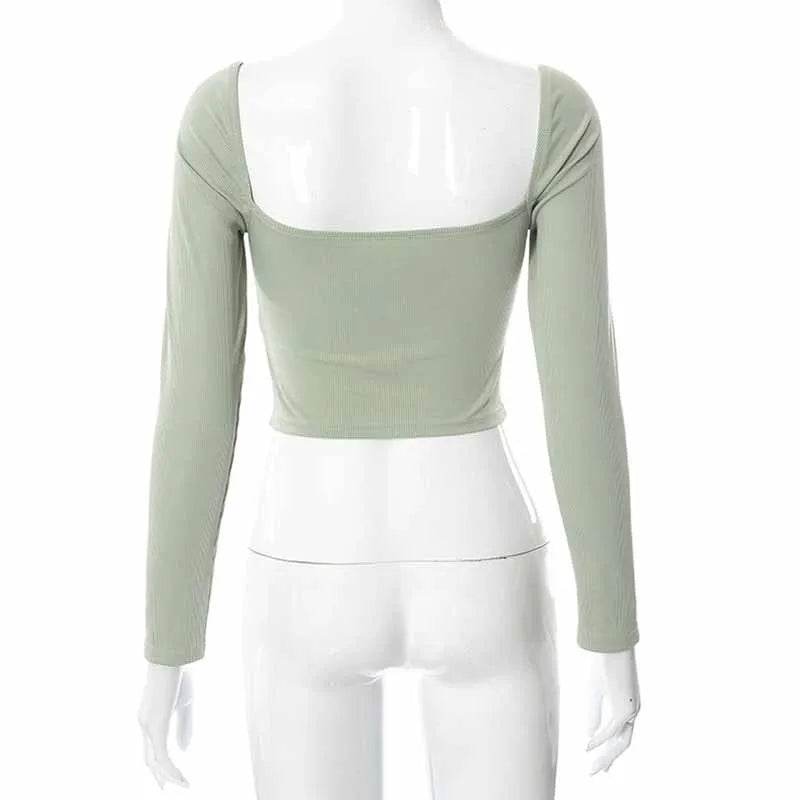 Hollow Out V Neck Ribbed Backless Crop Top With Long Sleeves And Square Collar