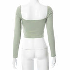 Hollow Out V Neck Ribbed Backless Crop Top With Long Sleeves And Square Collar