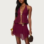 Two piece Halter Set With Sheer Backless Crop Top And Skirt