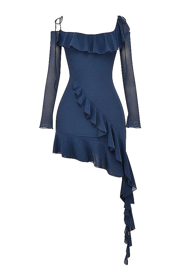 French Vintage Flounce Strap Dress with Irregular Bottom Hem Ribbon