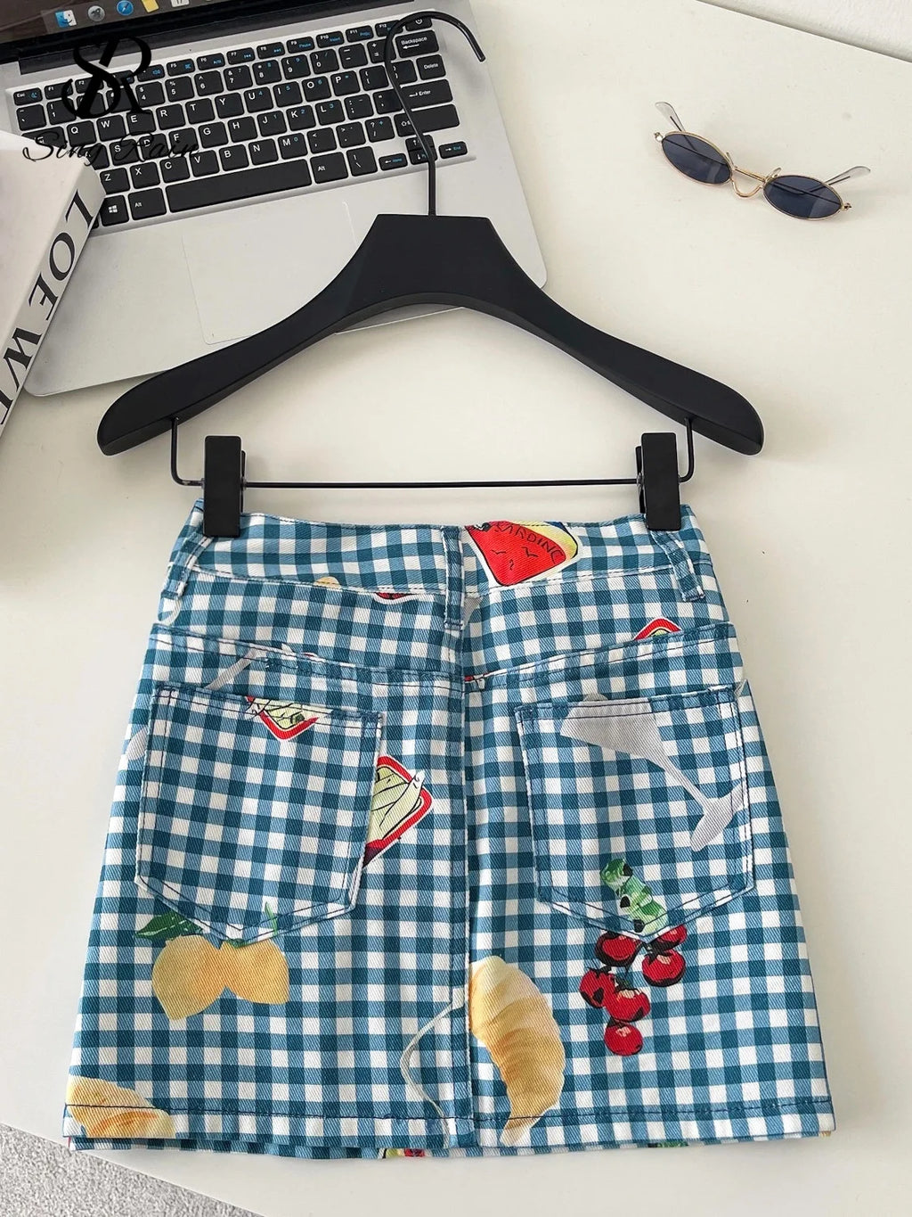 Retro Fruit Plaid Mini Skirt With Button Detail A Line