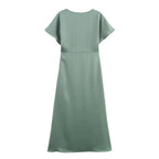 Elegant l Solid Satin Midi Dress With V Neck And Short Sleeves