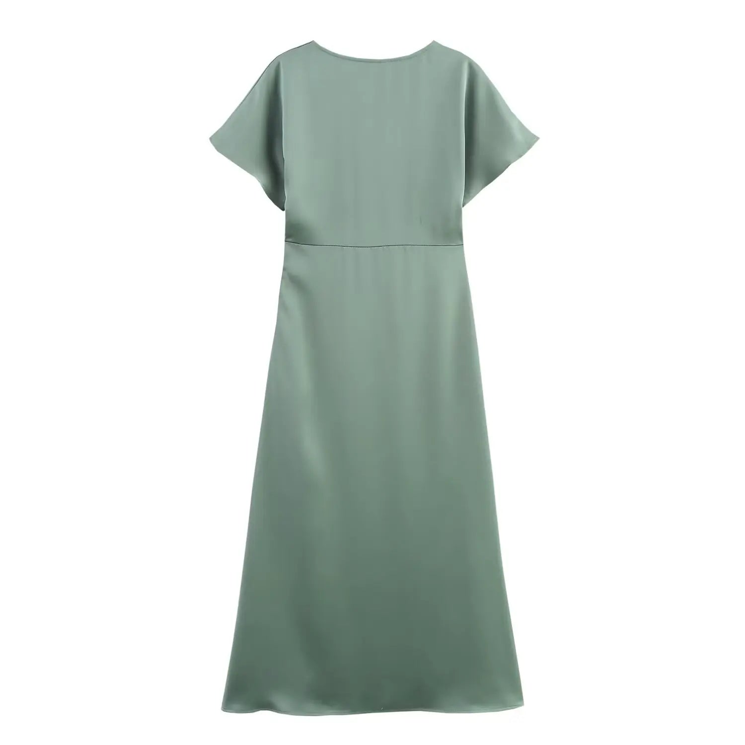 Elegant l Solid Satin Midi Dress With V Neck And Short Sleeves