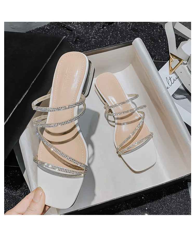 Crystal Rhinestone Clear Strap Sandals With Low Heel