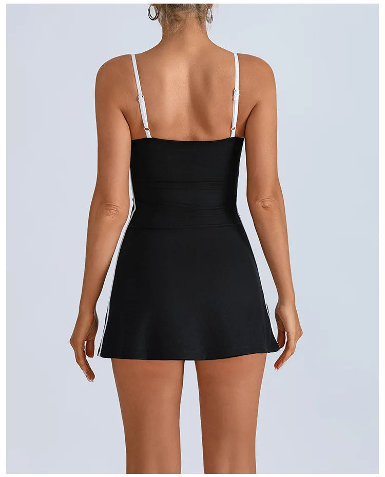 Women's Tennis Sleeveless Contrast Workout Yoga Build in Shorts Fashion Tight Fitting Skirts Suit