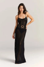 Floral Knit Strap Maxi Dress Backless Beach Cover Up For Summer Vacation And Resort Style