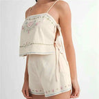 Floral Embroidered Tie Side Tank Top And Shorts Set Sleeveless Crop Cami Two Piece Outfit