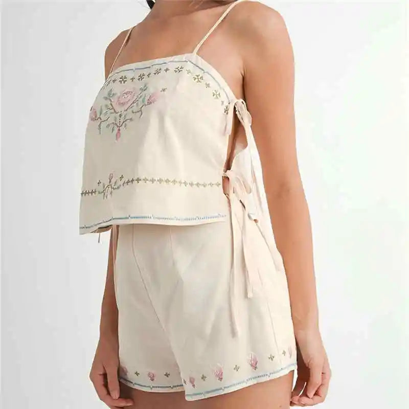 Floral Embroidered Tie Side Tank Top And Shorts Set Sleeveless Crop Cami Two Piece Outfit