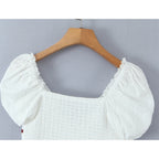 White Bow Detail Puff Sleeve V Neck Top With Vintage Charm And Flirty Slim Silhouette