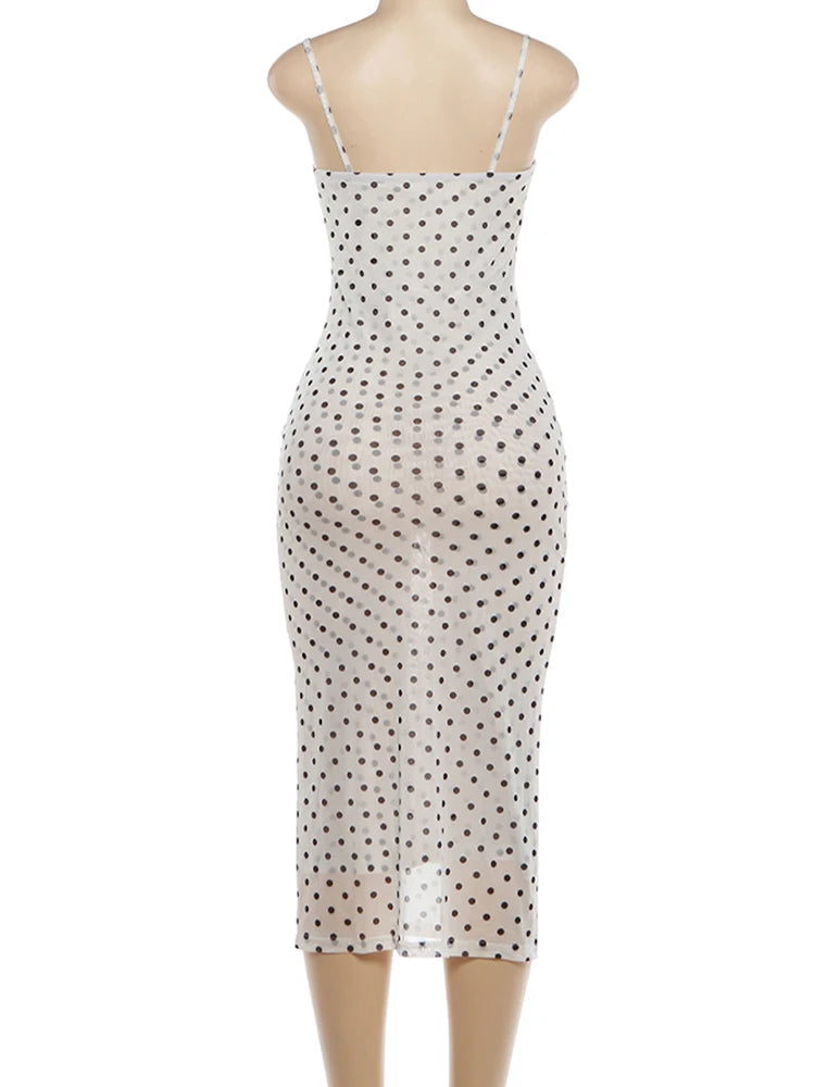 Polka Dot Sling Dress With Backless V Neck Sleek Sheath