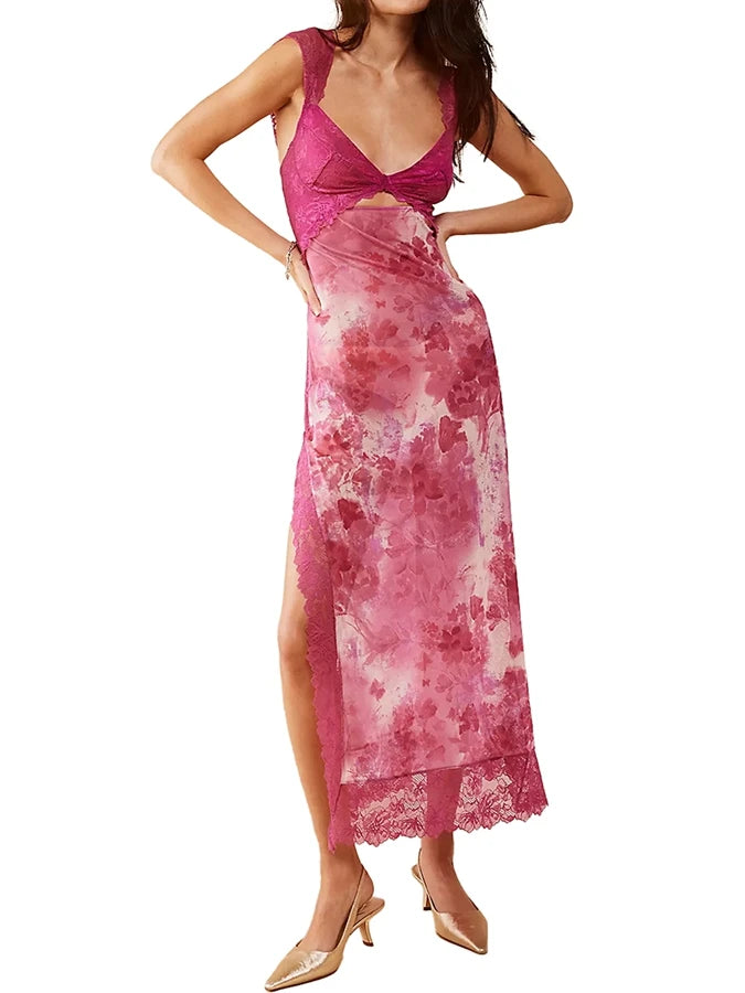 Floral Lace Patchwork Bodycon Dress Cutout Vneck Backless