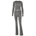 Ribbed Knit Two Piece Tracksuit Set With Hooded Crop Top And Elastic Zippered Pants