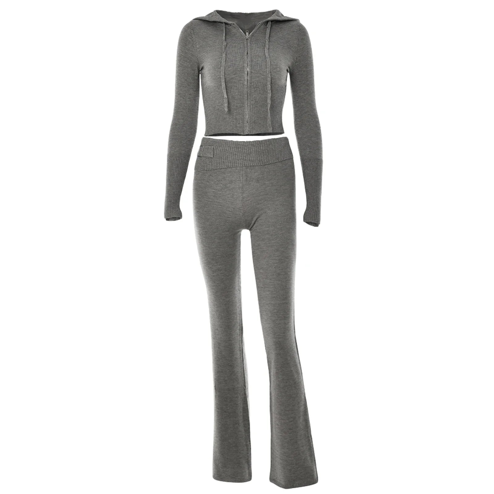 Ribbed Knit Two Piece Tracksuit Set With Hooded Crop Top And Elastic Zippered Pants