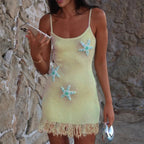 Beaded Starfish Knit Bodycon Mini Dress With Sequin Straps And Tassel Hem