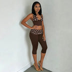 Patchwork Polka Dot Print Two Piece Set With Backless Halter Crop Top And Pleated Waist Capri Pants