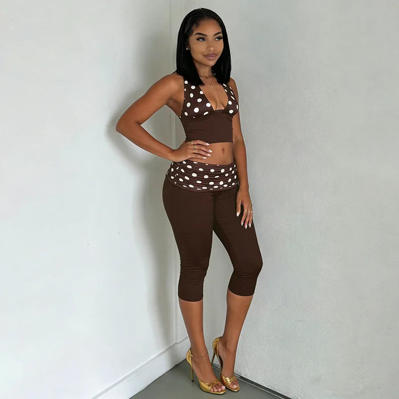 Patchwork Polka Dot Print Two Piece Set With Backless Halter Crop Top And Pleated Waist Capri Pants