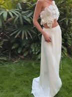 Backless Floral Skirt Suit With 3D Flowers Ankle Length High Skirt Ensemble