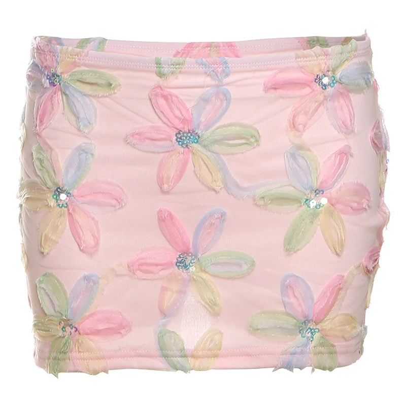 Colorful Floral Sequined Mesh Mini Skirt