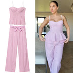 Striped Pant Sets With Crop Top Bow Detail And High Waist Trousers