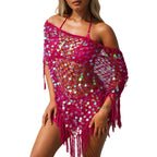 Crochet Beach Cover Up For Women Lightweight Triangle Tassel Hem Sequins Off Shoulder Poncho