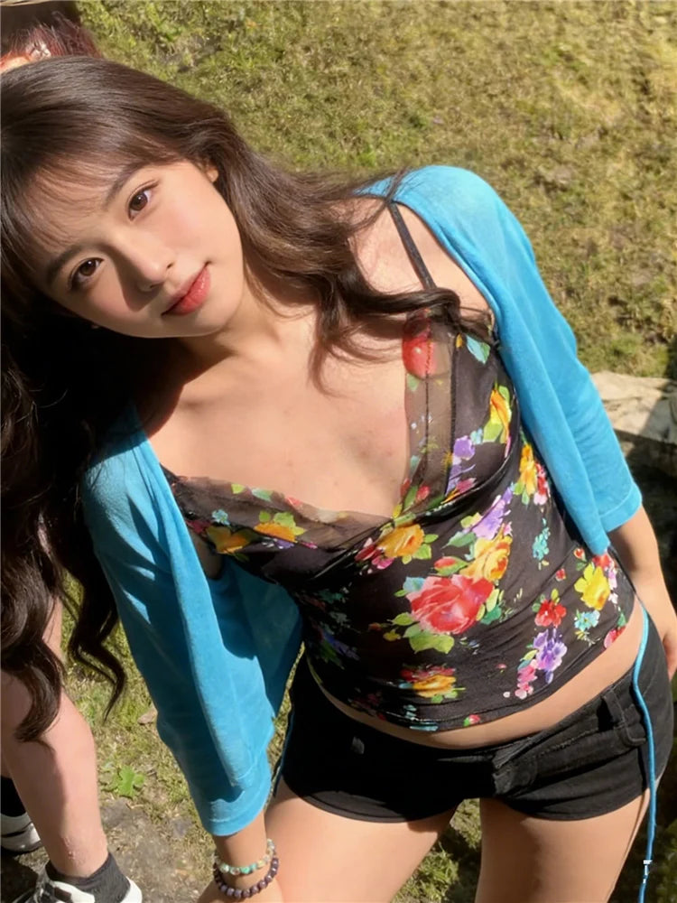 Midnight Floral Mesh Camisole With Patchwork