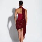 Sequin Patchwork Strapless Mini Dress Off Shoulder With Scarf Collar And Pleated Waist Cinch