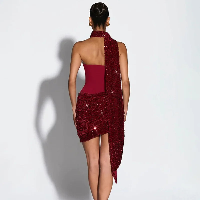 Sequin Patchwork Strapless Mini Dress Off Shoulder With Scarf Collar And Pleated Waist Cinch