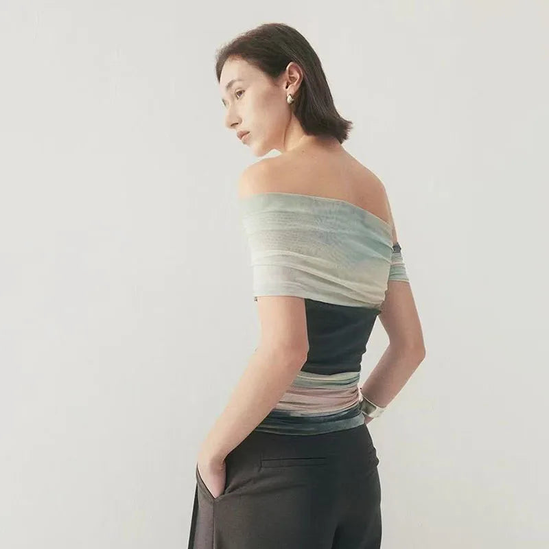 Bold Tie Dye Mesh Crop Top With Slash Neck And Patchwork