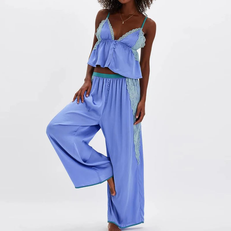 V-neck Sleeveless Top and Pants Outfit Lace Patchwork Women's Two Piece