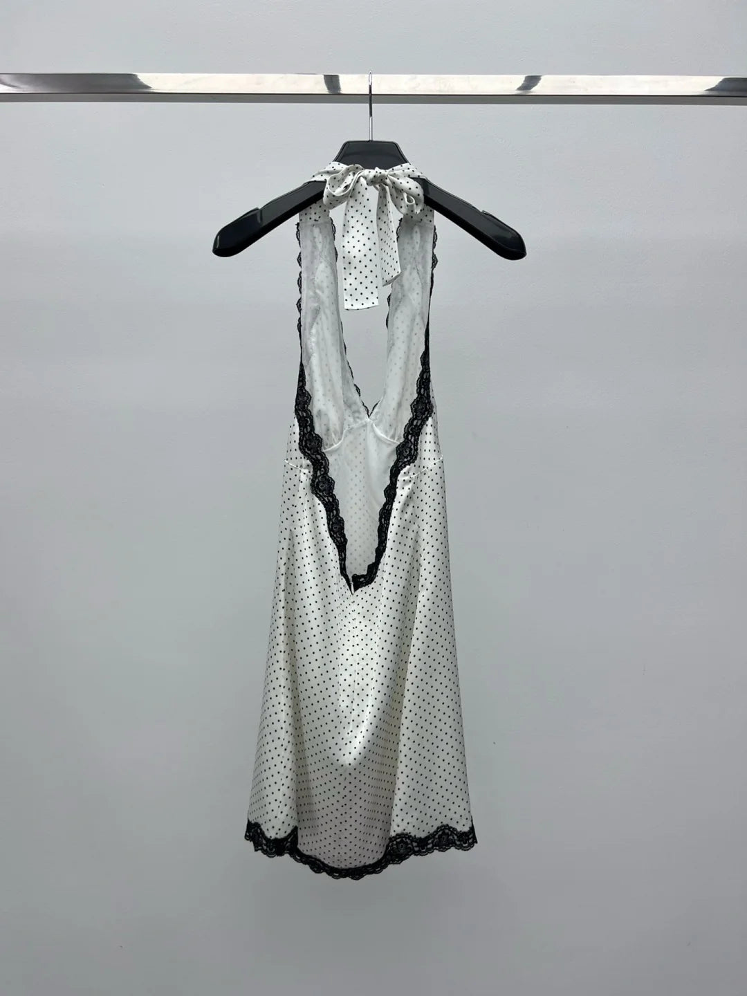 Satin Halter Mini Dress With V Neck And Polka Dot Lace Trim Backless