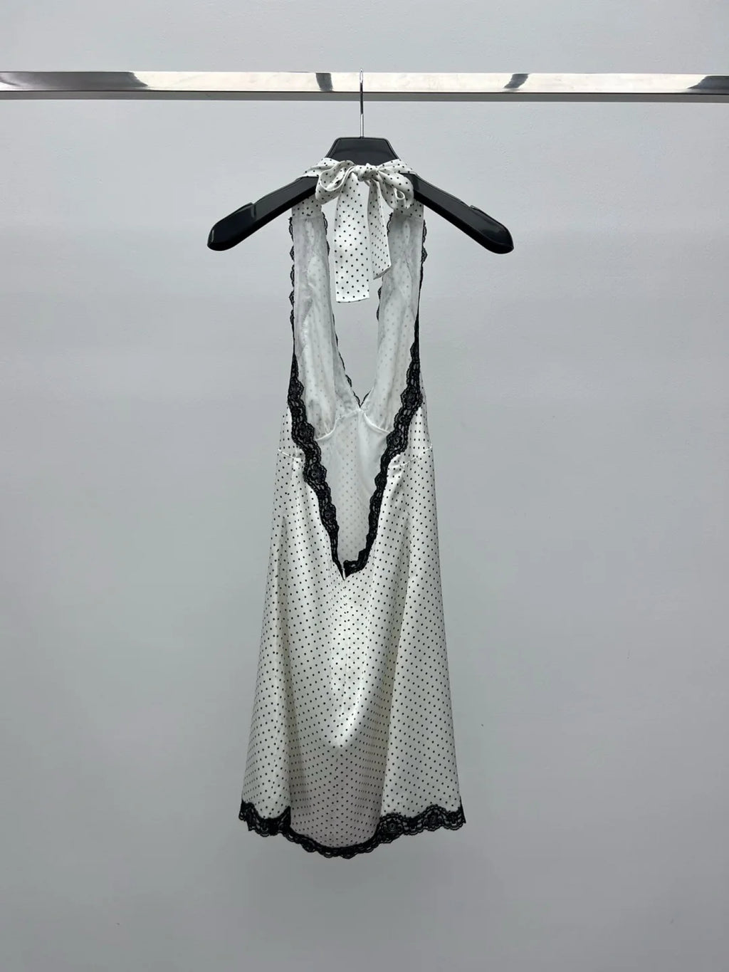 Satin Halter Mini Dress With V Neck And Polka Dot Lace Trim Backless