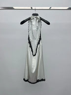 Satin Halter Mini Dress With V Neck And Polka Dot Lace Trim Backless