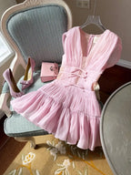 Pink Fairy Cute Short Cocktail With Ruffles Design Princess V Neck Bows Dress
