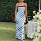 Blue Polka Dot Halter Maxi Dress For Women Color Block Backless Lace Up