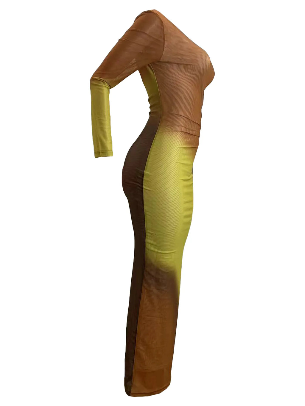 Long Maxi Dress With Skew Collar Full Sleeves Mesh See Through
