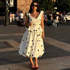 Long Polka Dot Skirt Set With Cropped Puffy Sleeveless Top